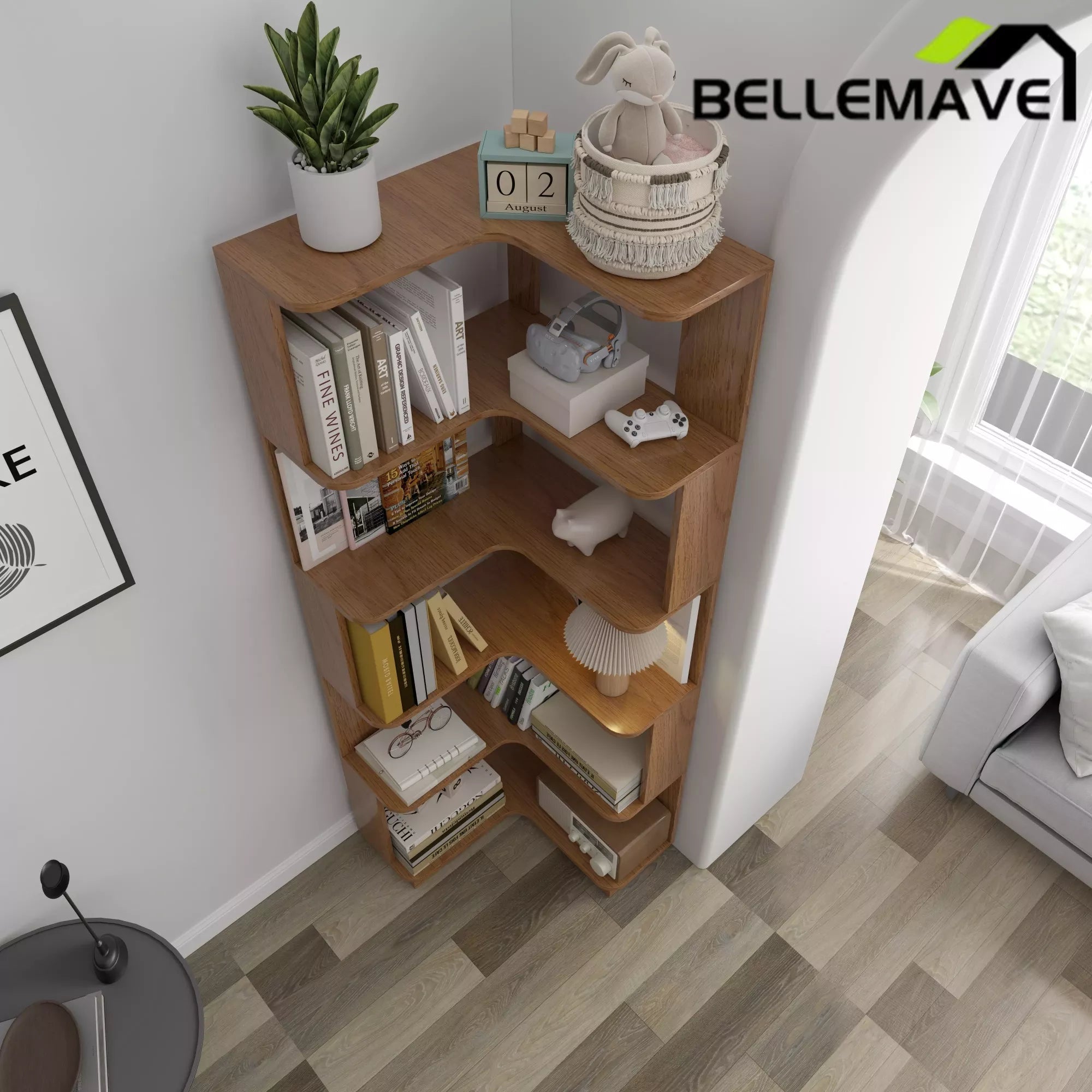Bellemave® 6 Tier Corner Bookshelf, Industrial L Shaped Bookcase with Anti-Drop Panel, Freestanding Wood Grain Shelf Display Rack Storage Organizer for Home Office Bellemave®