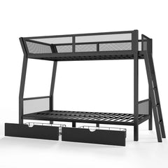 Three-quarter view of a black metal bunk bed with an angled frame and pull-out storage drawers