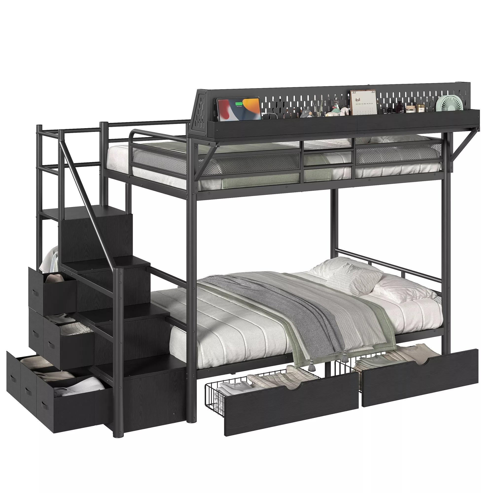 Black metal bunk bed with upper storage rack, LED light, staircase cabinets and lower fabric drawers