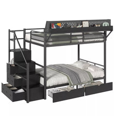 Black metal bunk bed with upper storage rack, LED light, staircase cabinets and lower fabric drawers