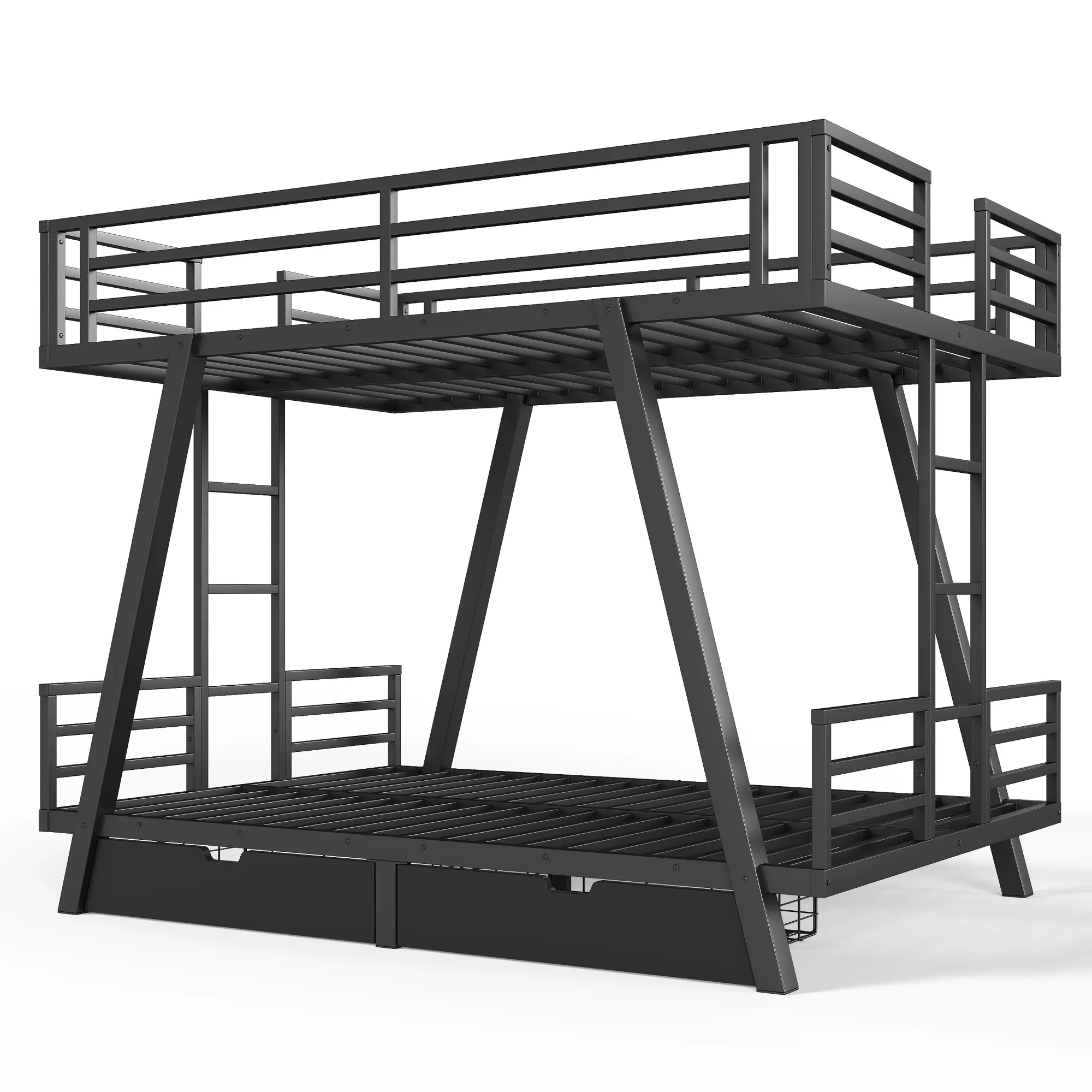 Black metal bunk bed with angled support legs and upper bunk guardrails