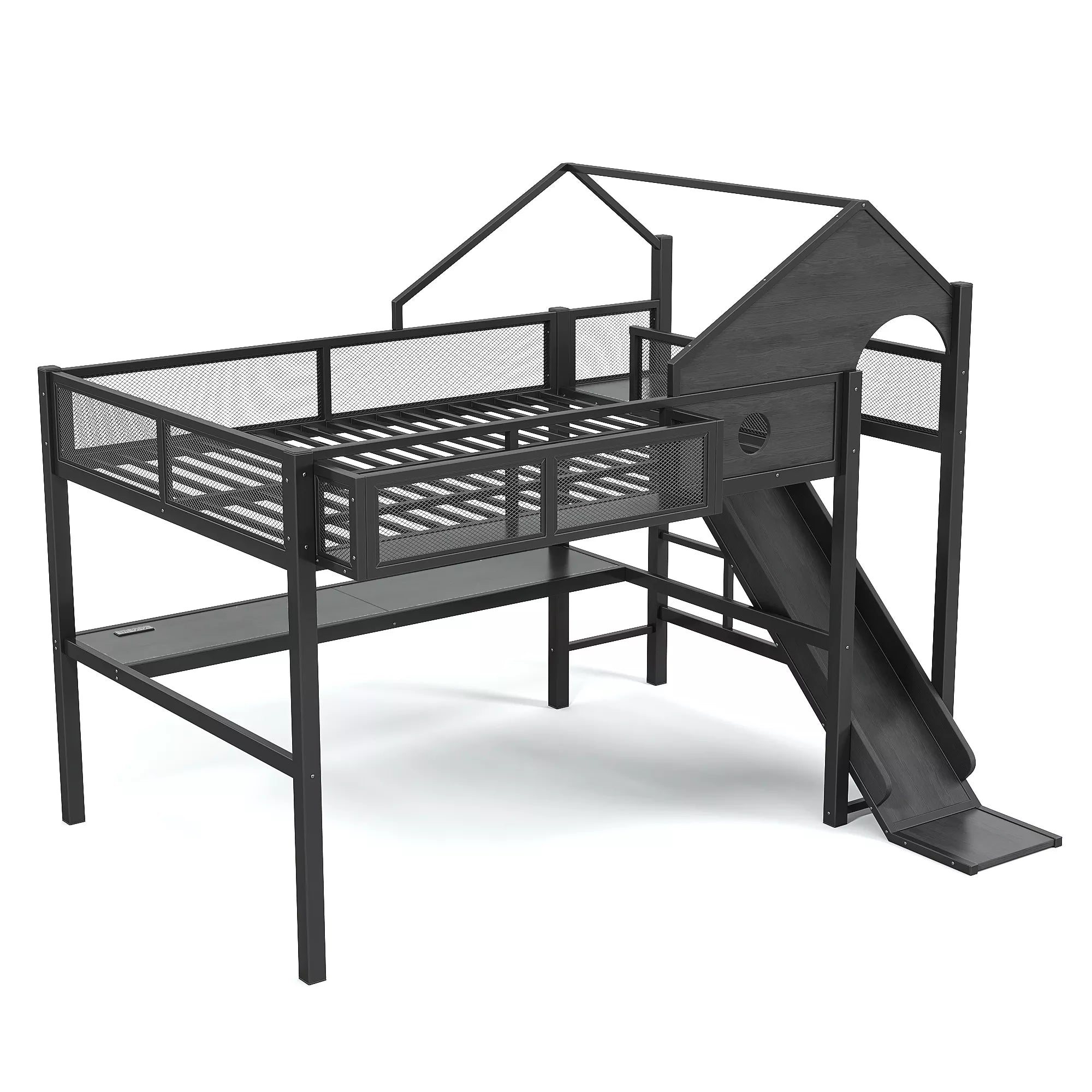 Metal loft bed with triangular roof design