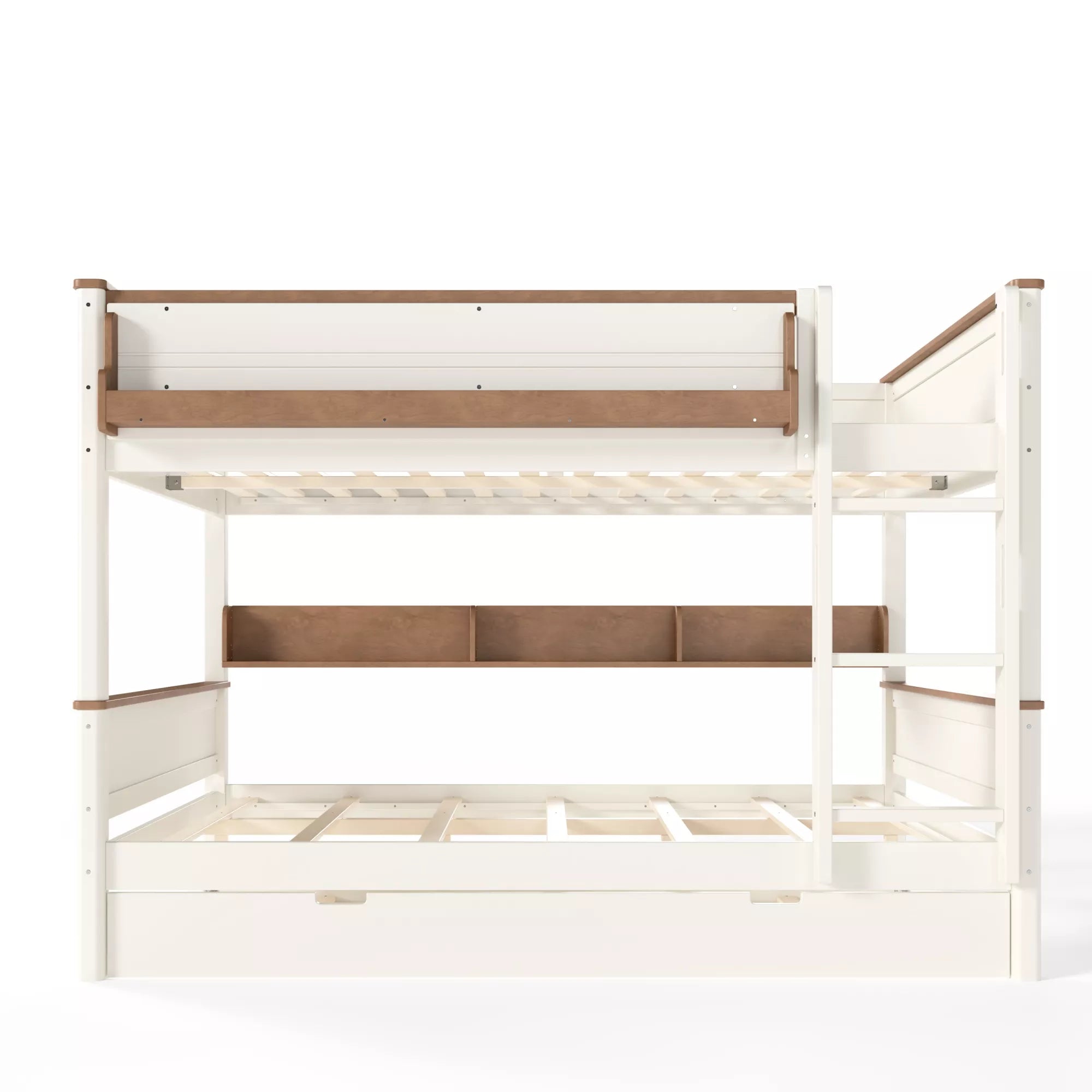 Front view of wood bunk bed with pull-out trundle