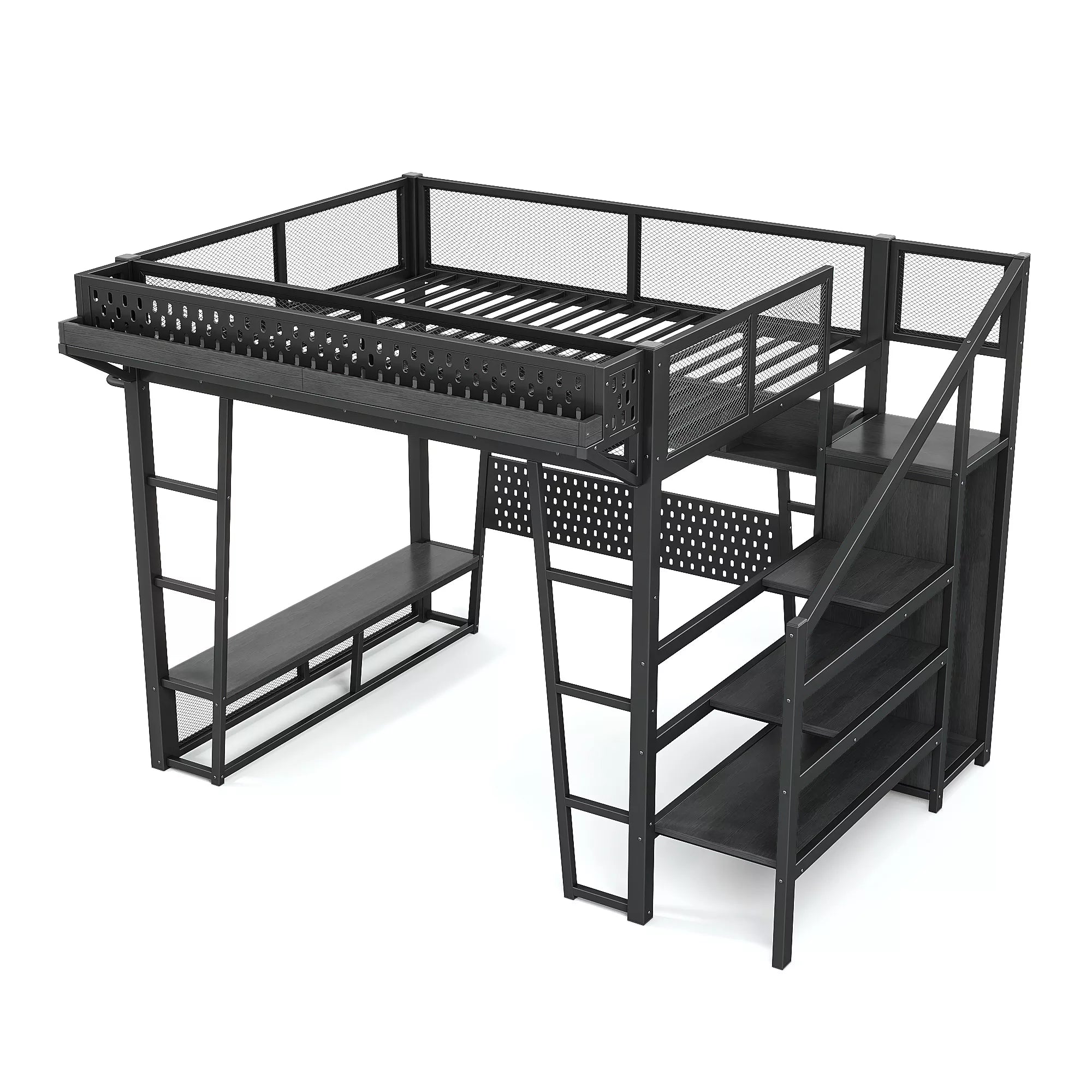 Metal loft bed with bench and gaming workstation space
