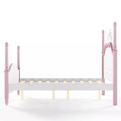 Full size platform bed frame with slatted support system