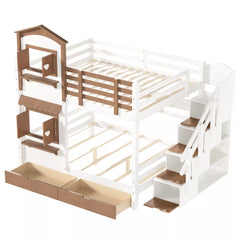 Playhouse bunk bed frame with pull-out drawers and storage stairs