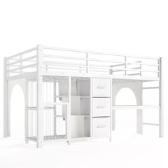 metal low loft bed with open bookshelf and under bed storage