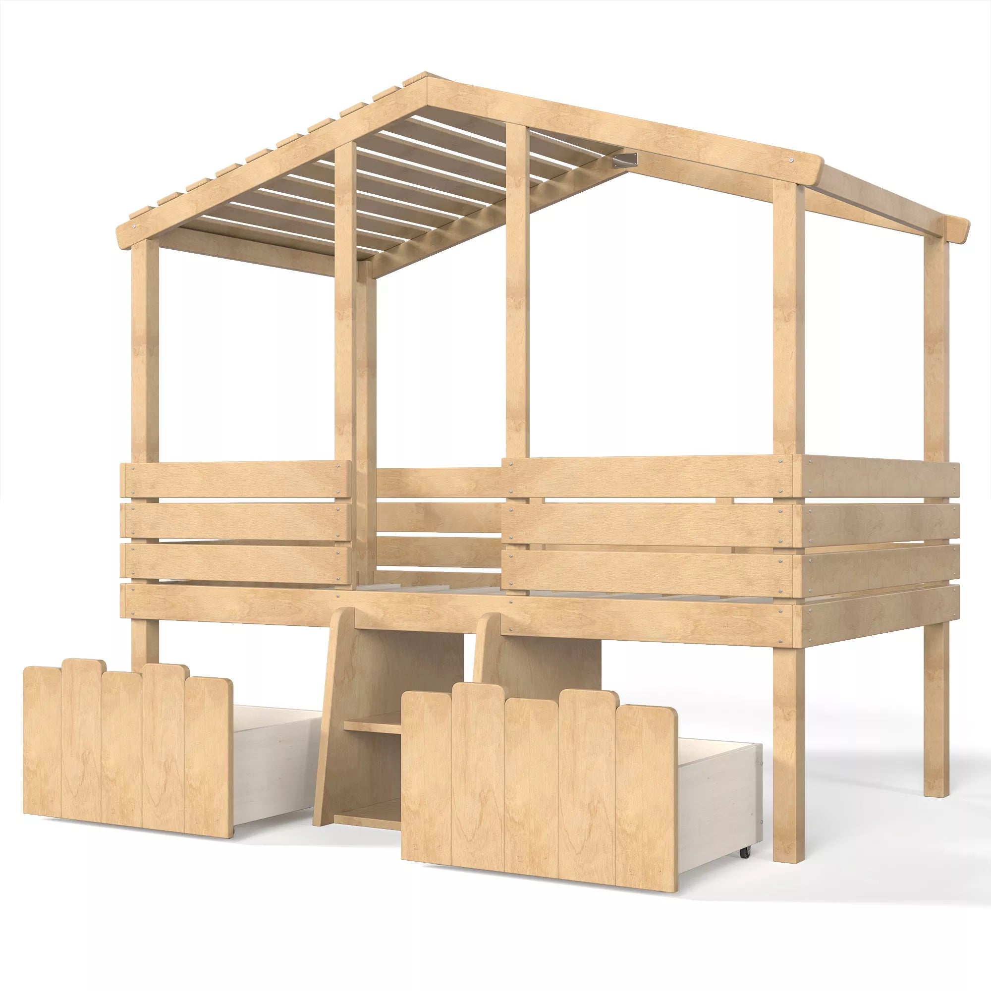 Bellemave® House Bed with Stairs & Storage Drawers for Kids, Wood Low Loft Bed Frame, House-shaped Roof, Childlike Design, Farmhouse Style Bellemave®