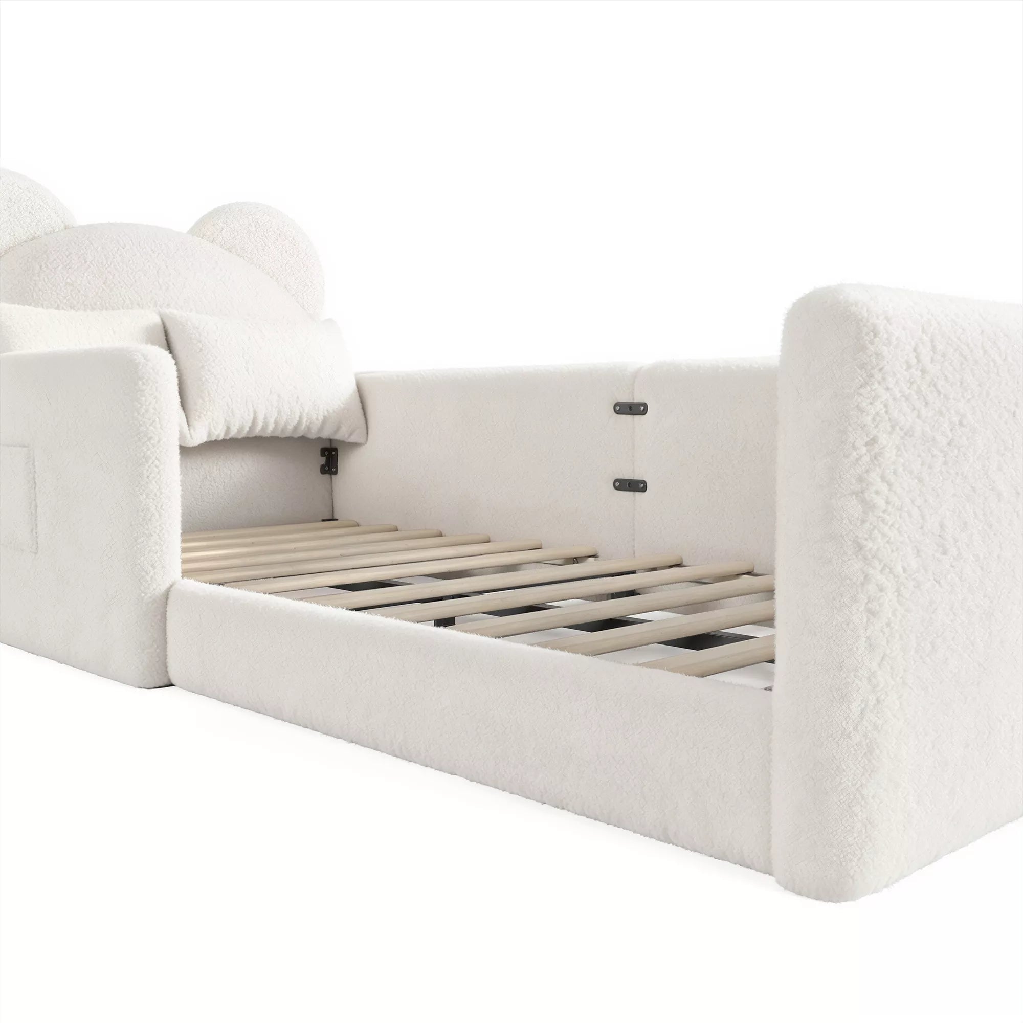White teddy fabric upholstered floor bed frame for kids bedroom