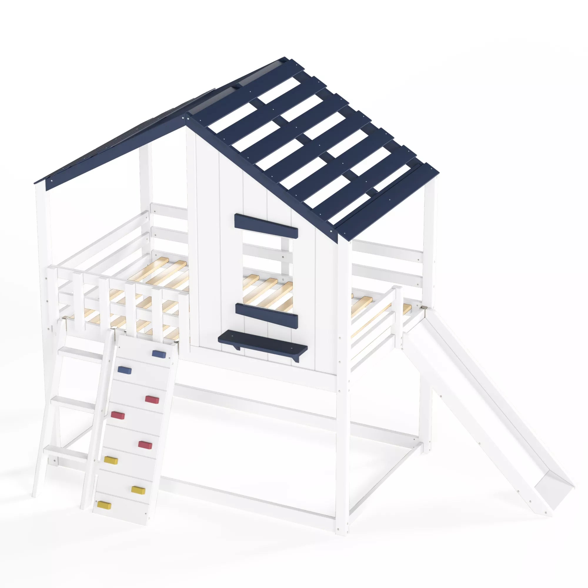 House shaped loft bed with slide for children's bedroom