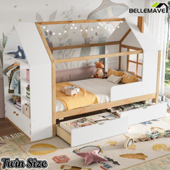 Bellemave® Twin House Bed with Storage Drawers & Wardrobe | Wood Kids Bed Frame with Roof Bellemave®