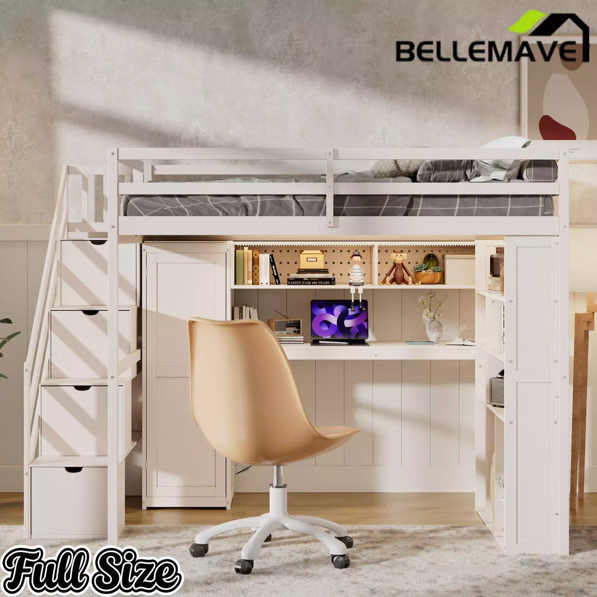 Bellemave® Full Size Loft Bed Built-in Wardrobe, Study Desk, Storage Shelves & LED Lights, Wood Loft Bed Frame for Bedroom Bellemave®