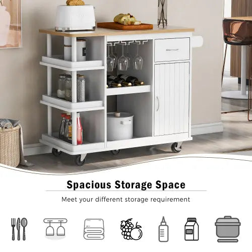 Bellemave® 40" Multipurpose Kitchen Cart Cabinet with Side Storage Shelves and Rubber Wood Top,Adjustable Storage Shelves and 5 Wheels Bellemave®