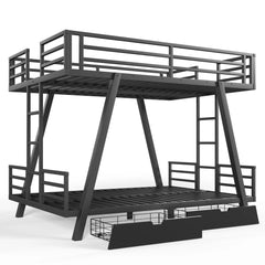 Three-quarter view of metal bunk bed with side ladders and storage drawers