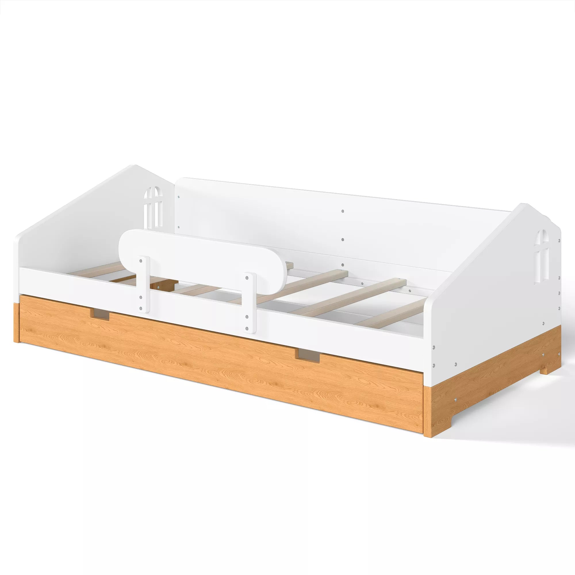 Wood house floor bed frame with slat support