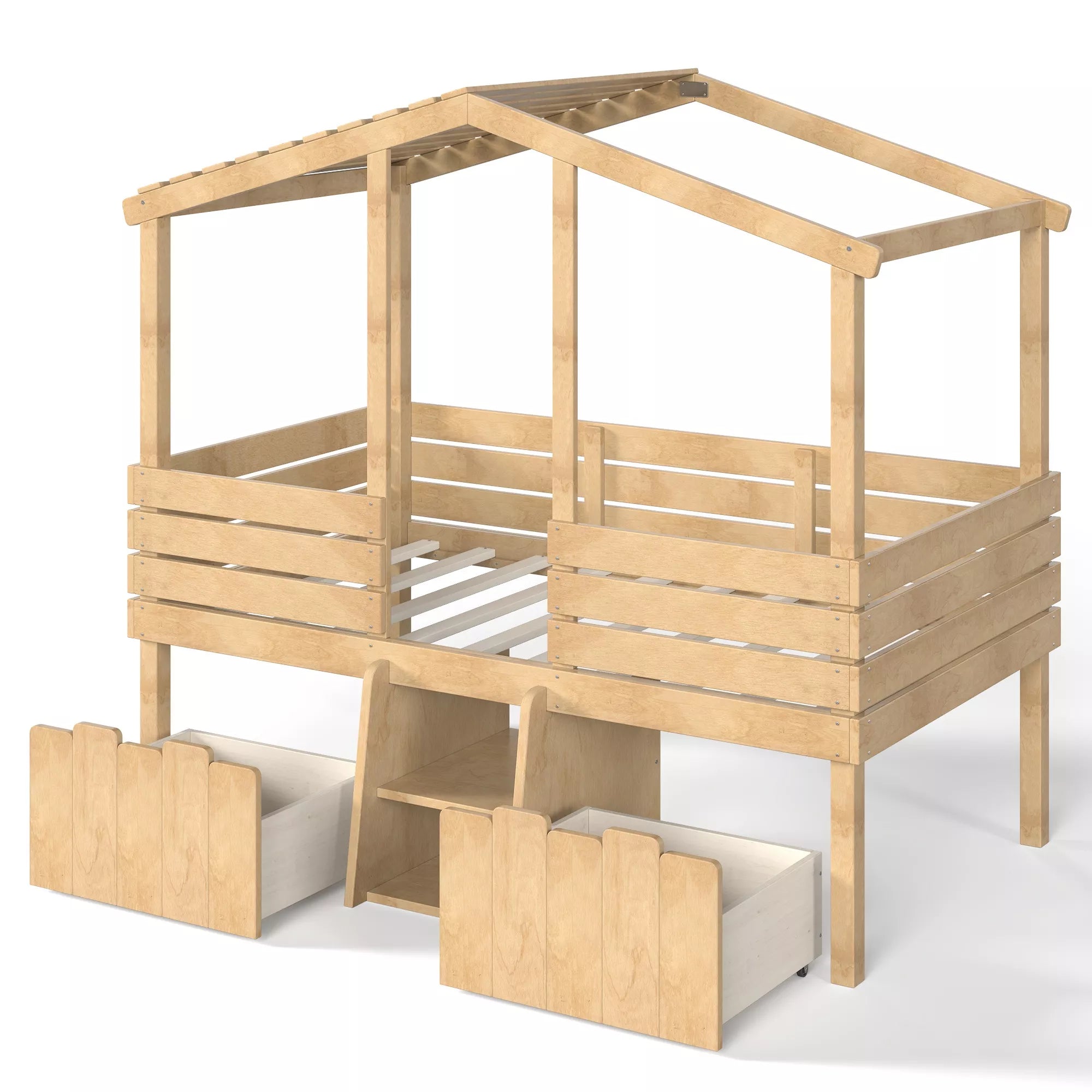 Bellemave® House Bed with Stairs & Storage Drawers for Kids, Wood Low Loft Bed Frame, House-shaped Roof, Childlike Design, Farmhouse Style Bellemave®
