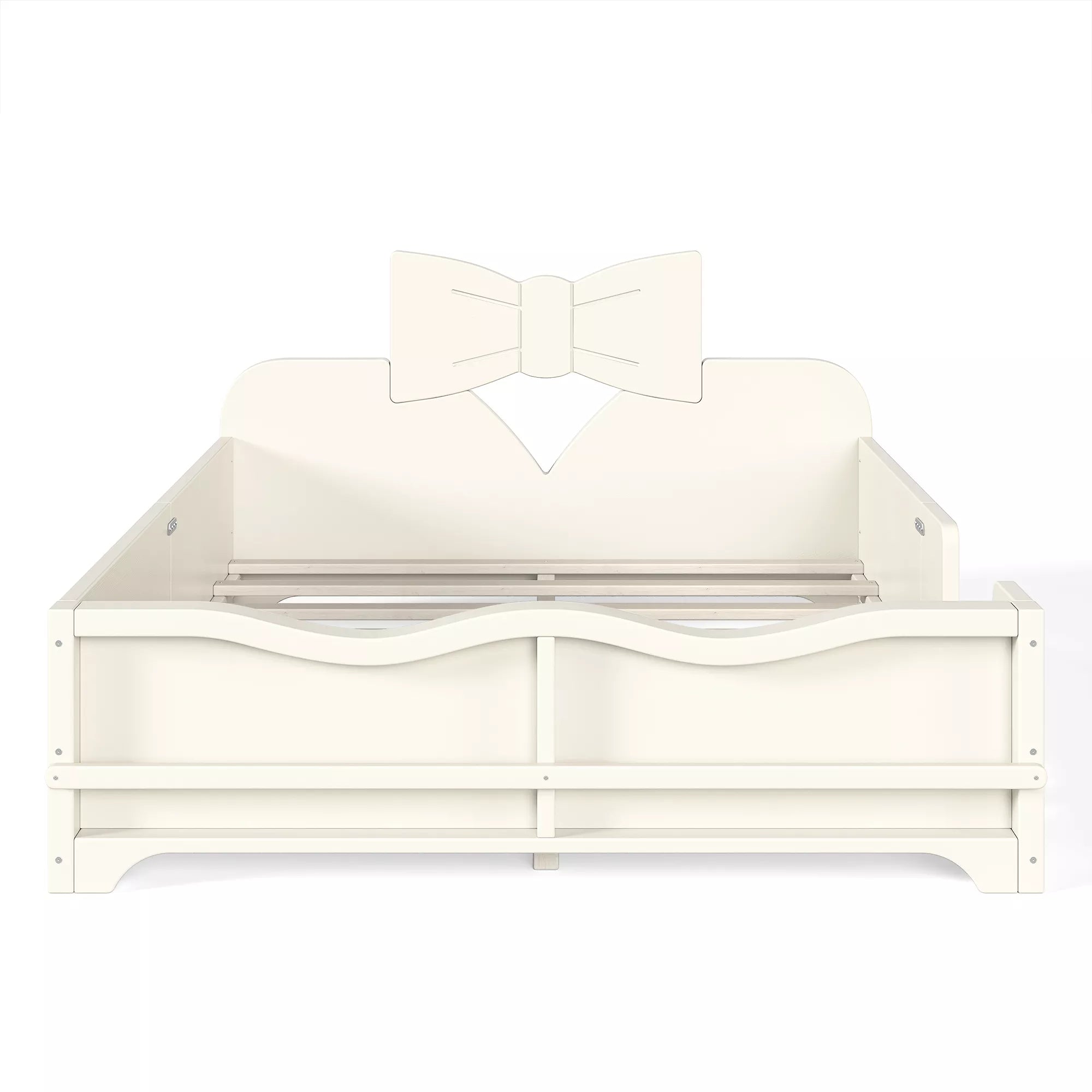 Front view white kids platform bed with decorative bow headboard and wooden slat support system