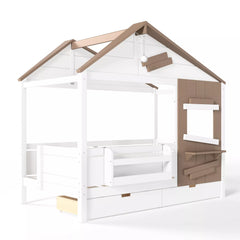 Bellemave® Wooden Farmhouse House Bed with Storage Drawers, Window Shelf & Side Hooks, Kids Playhouse Floor Bed