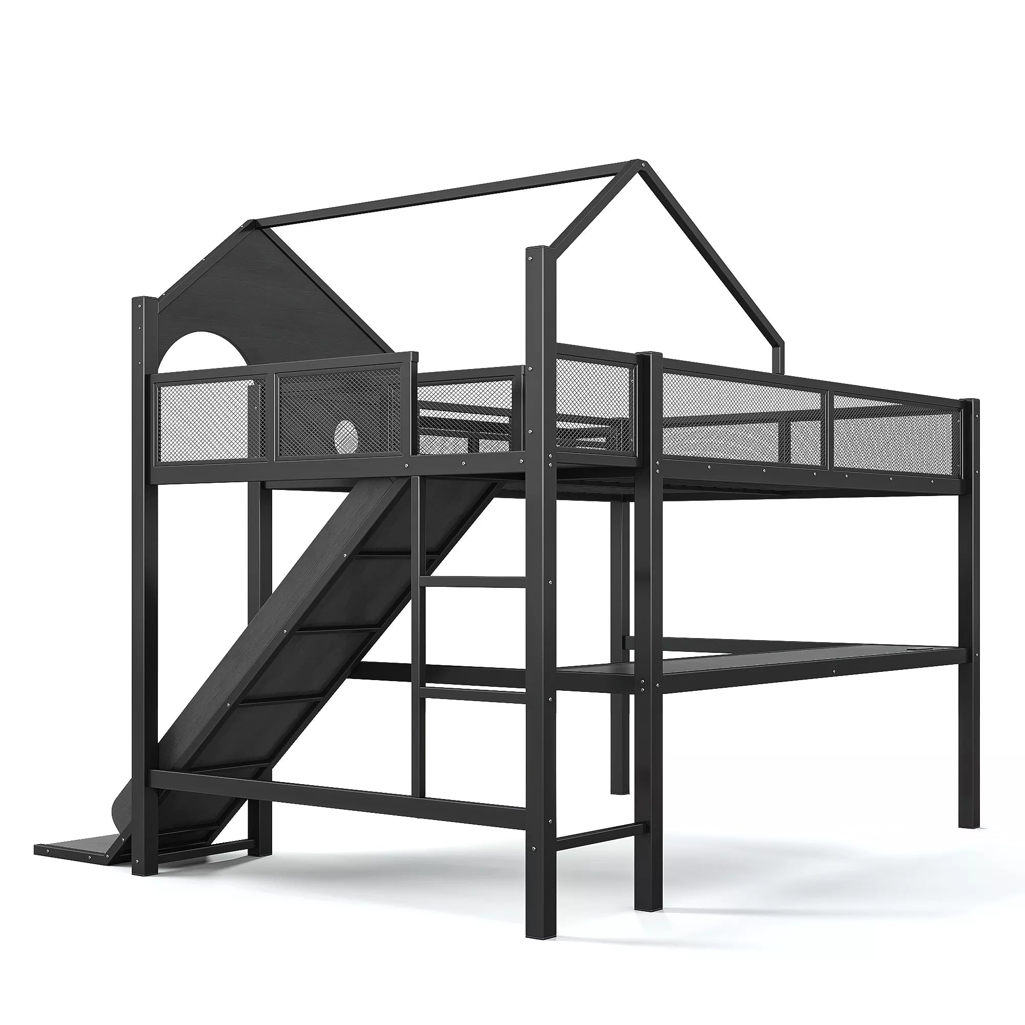 Loft bed frame with slide ladder and guardrails