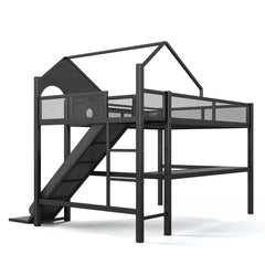 Loft bed frame with slide ladder and guardrails