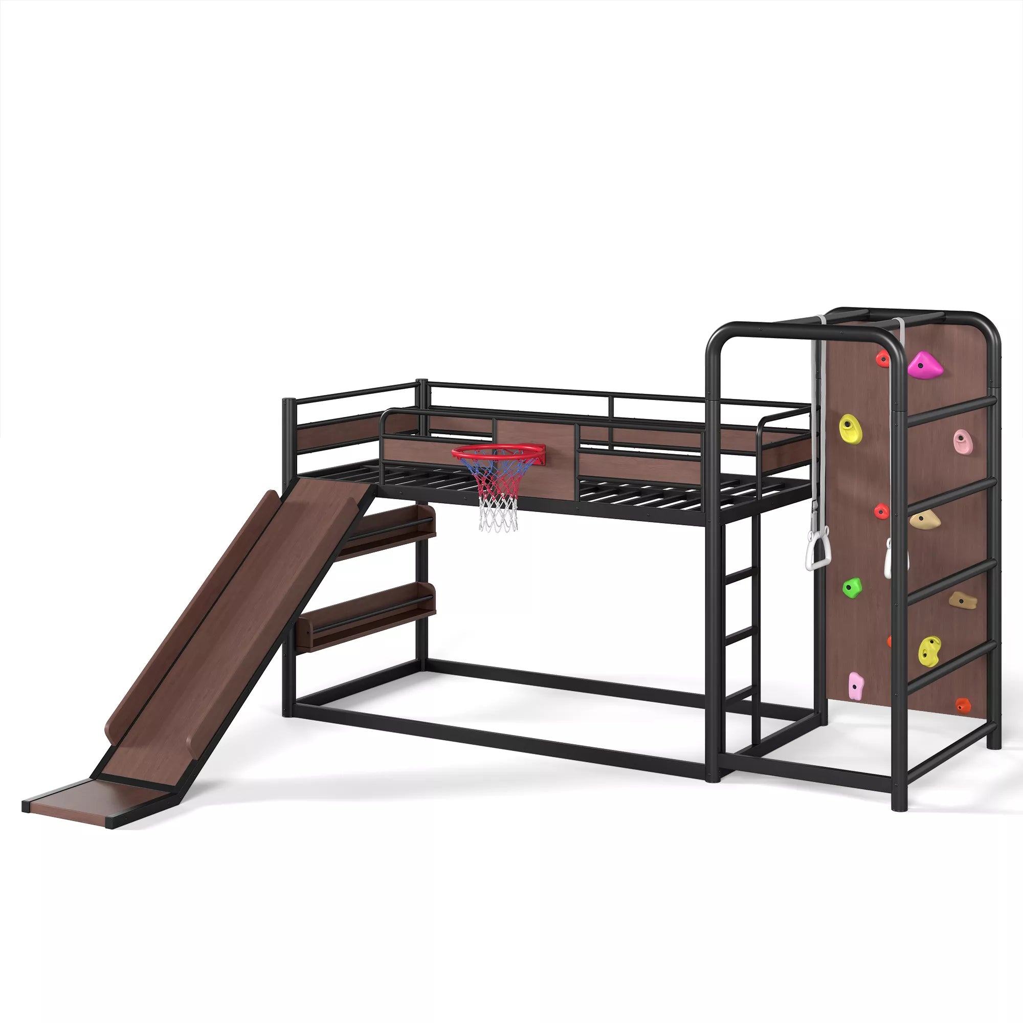 Black metal loft bed with slide and climbing wall for kids bedroom