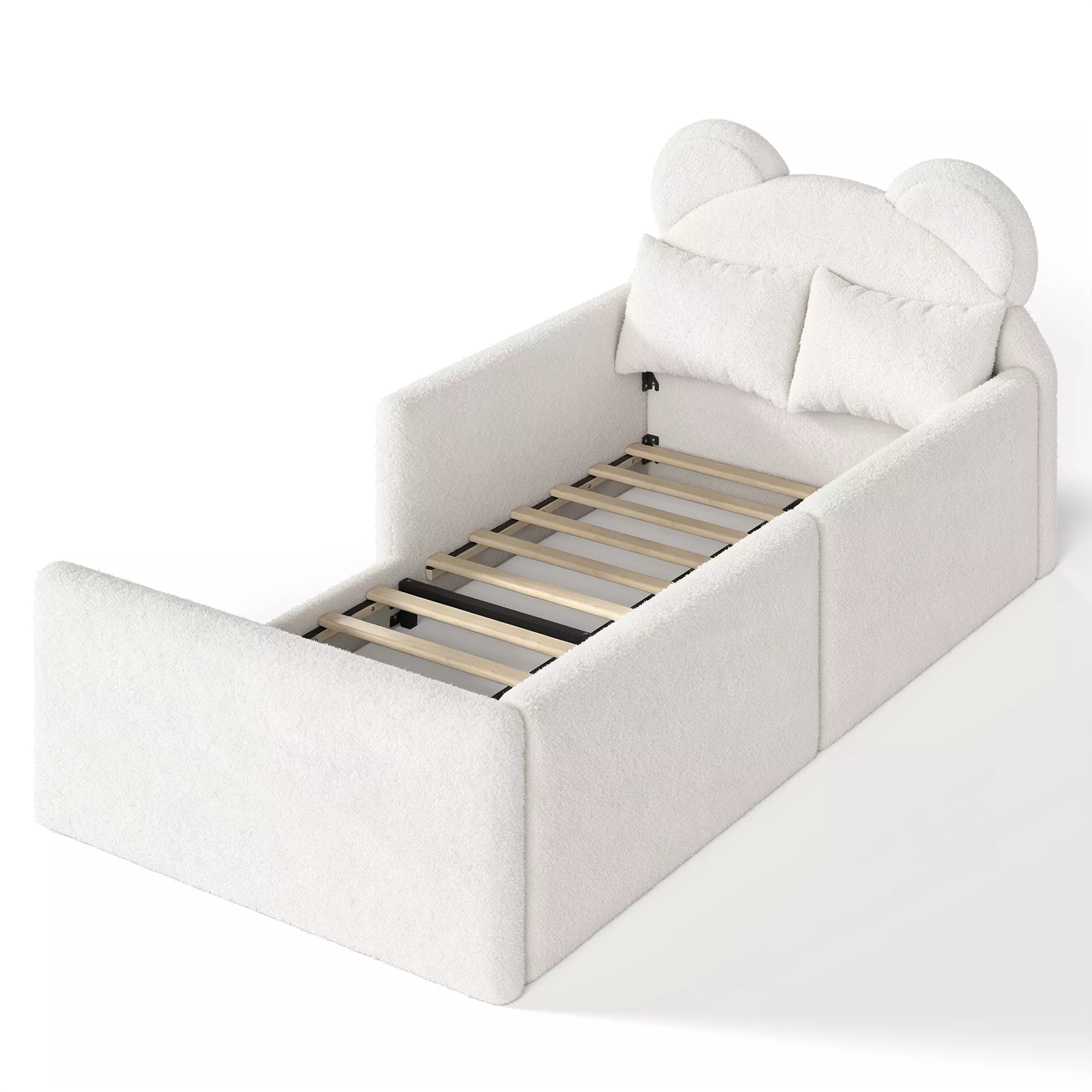 Low profile upholstered kids bed with soft teddy fabric cover