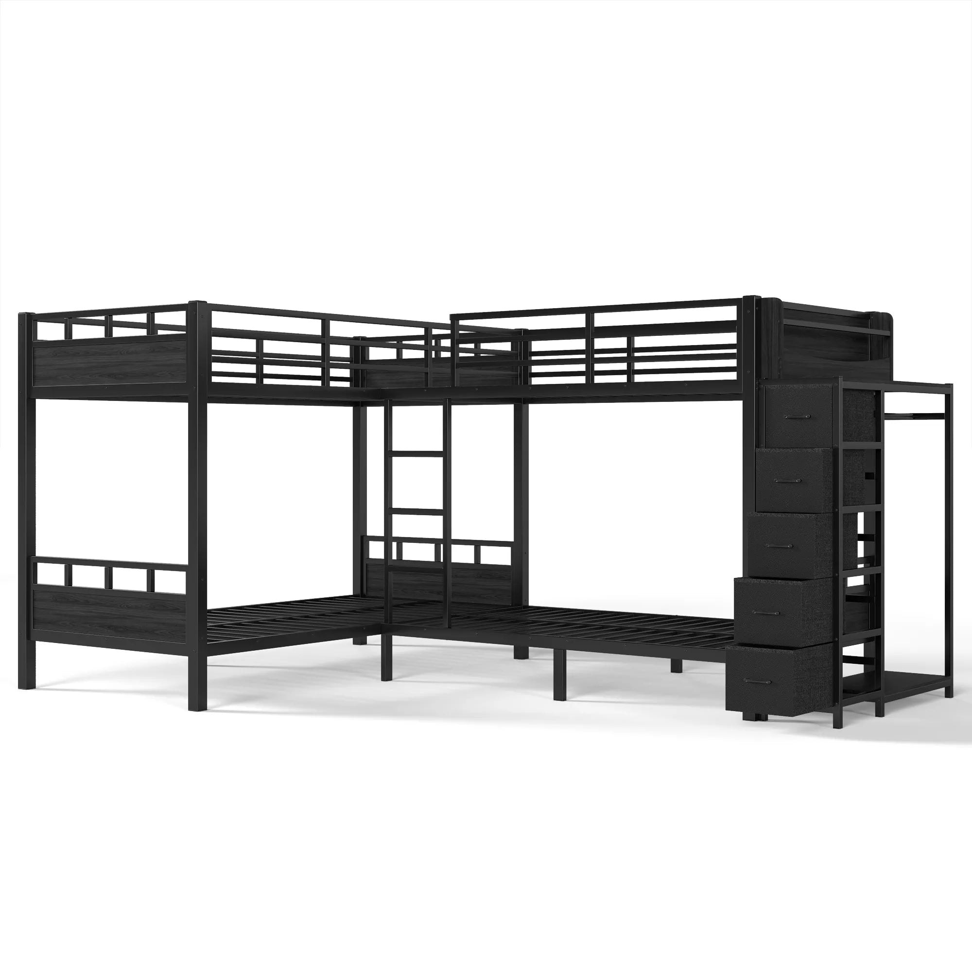 quad twin bunk bed with four sleeping areas and storage unit