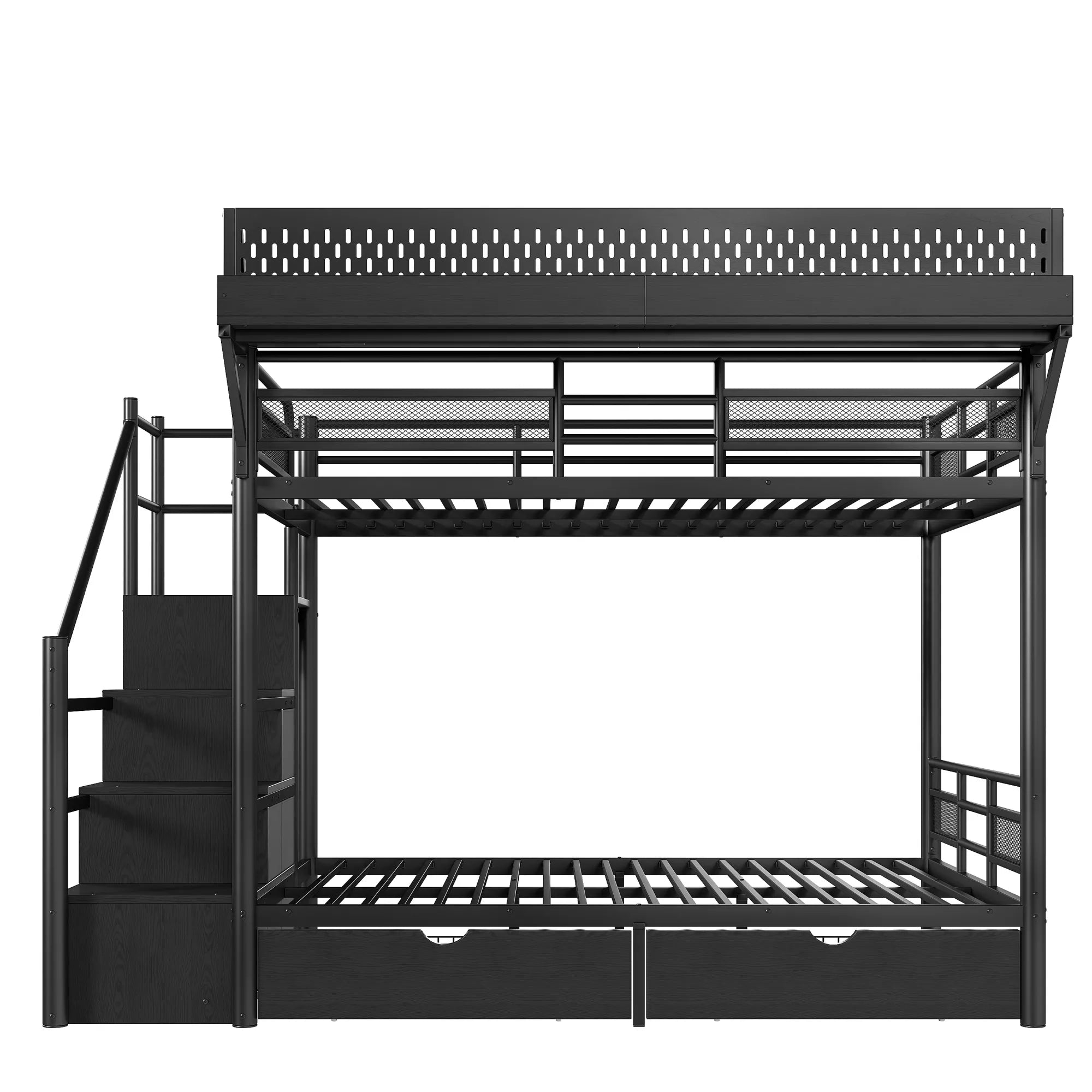 Front view of black metal bunk bed showing upper and lower slatted frames and staircase storage