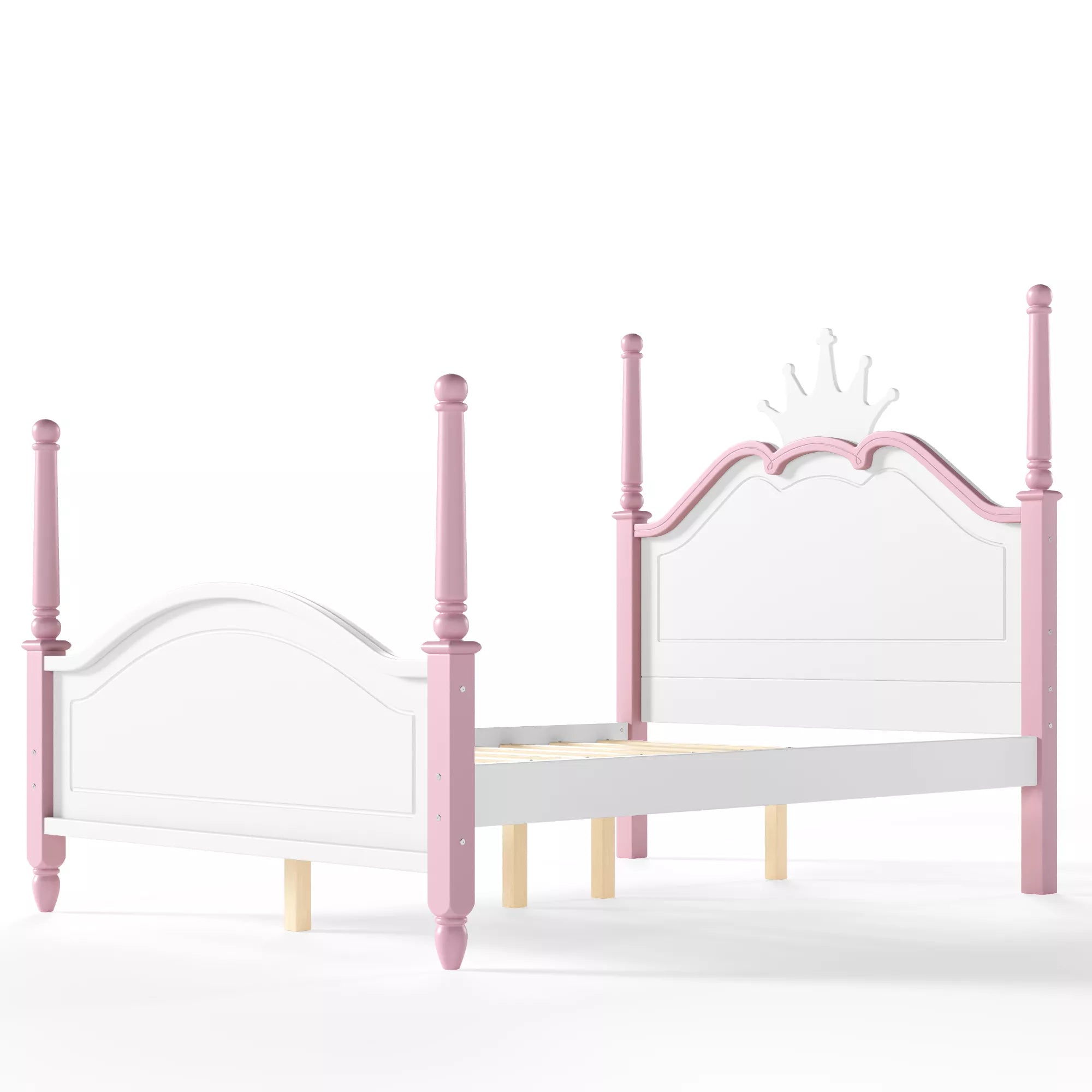 Side view of four poster wooden platform bed