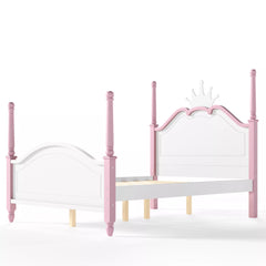 Side view of four poster wooden platform bed