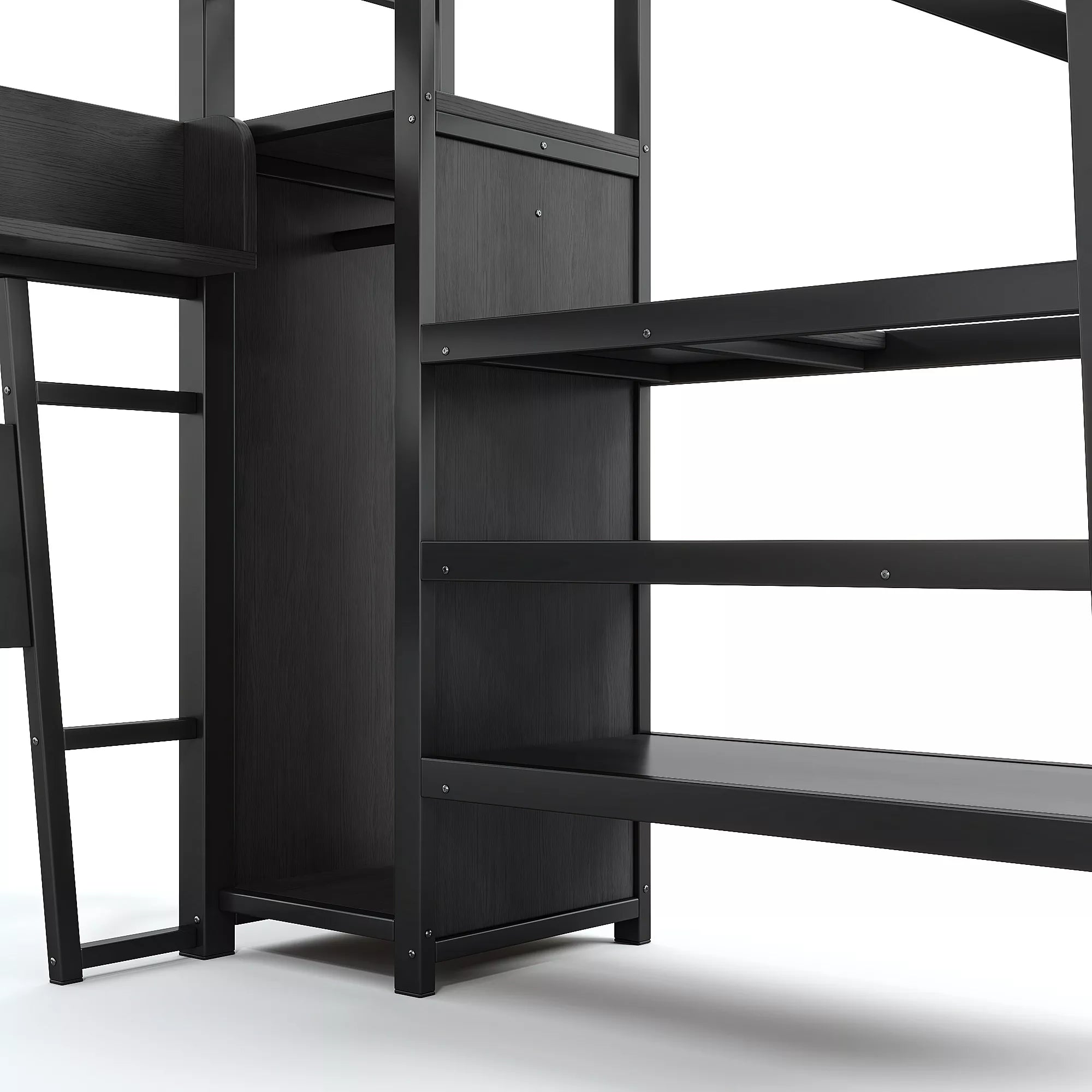 Built in wardrobe and storage shelf detail on gaming loft bed