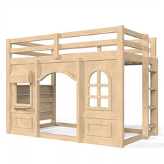 Twin size loft bed showing side storage shelves and sleeping area