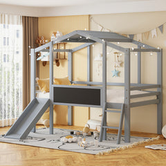 Bellemave® Twin Size House Loft Bed with Ladder and Slide,Blackboard and Light Strip on the Roof