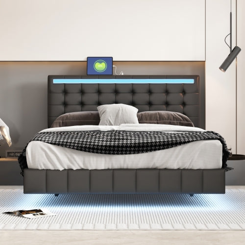 Bellemave® Queen Size Floating Upholstered Platform Bed with LED Lights and USB Charging Bellemave®
