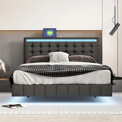 Bellemave® Queen Size Floating Upholstered Platform Bed with LED Lights and USB Charging Bellemave®