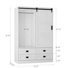 Bellemave® Modern Wardrobe with Hanging Rod and Barn Door ,Drawers  and Open Shelves