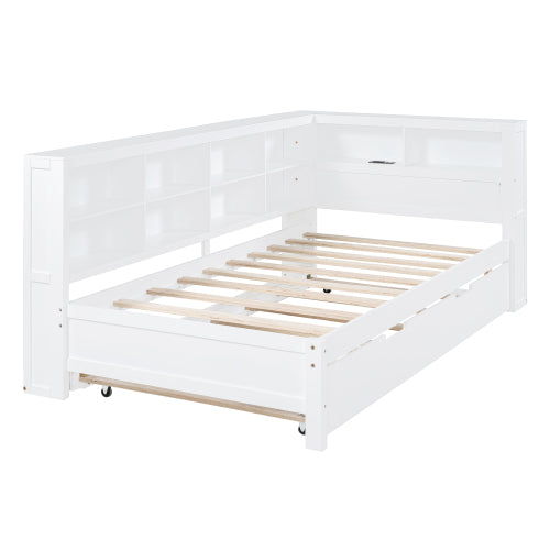 Bellemave Wooden DayBed with Trundle,Storage Shelf and USB Charging Ports