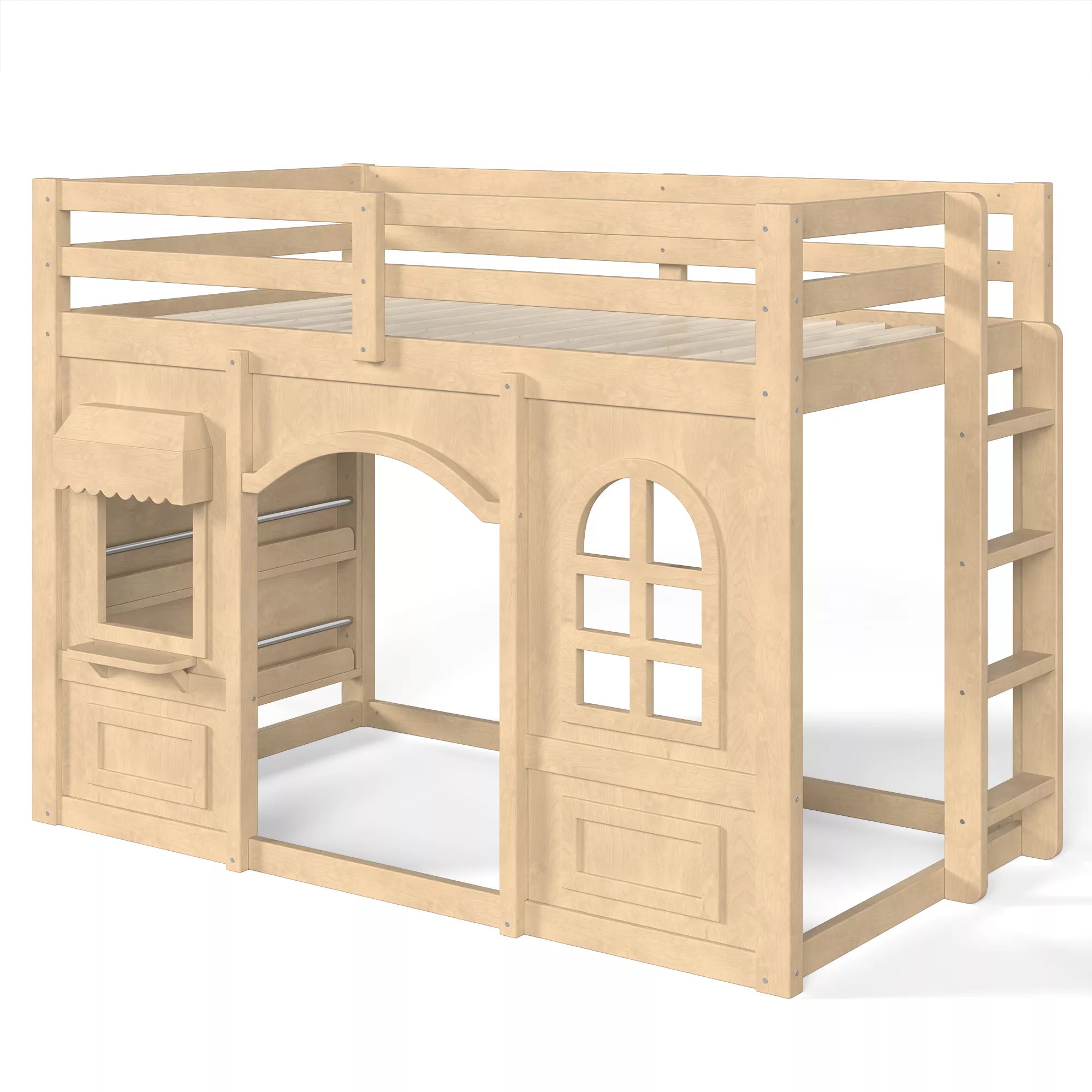 Kids twin loft bed with built-in shelves and creative bedroom design