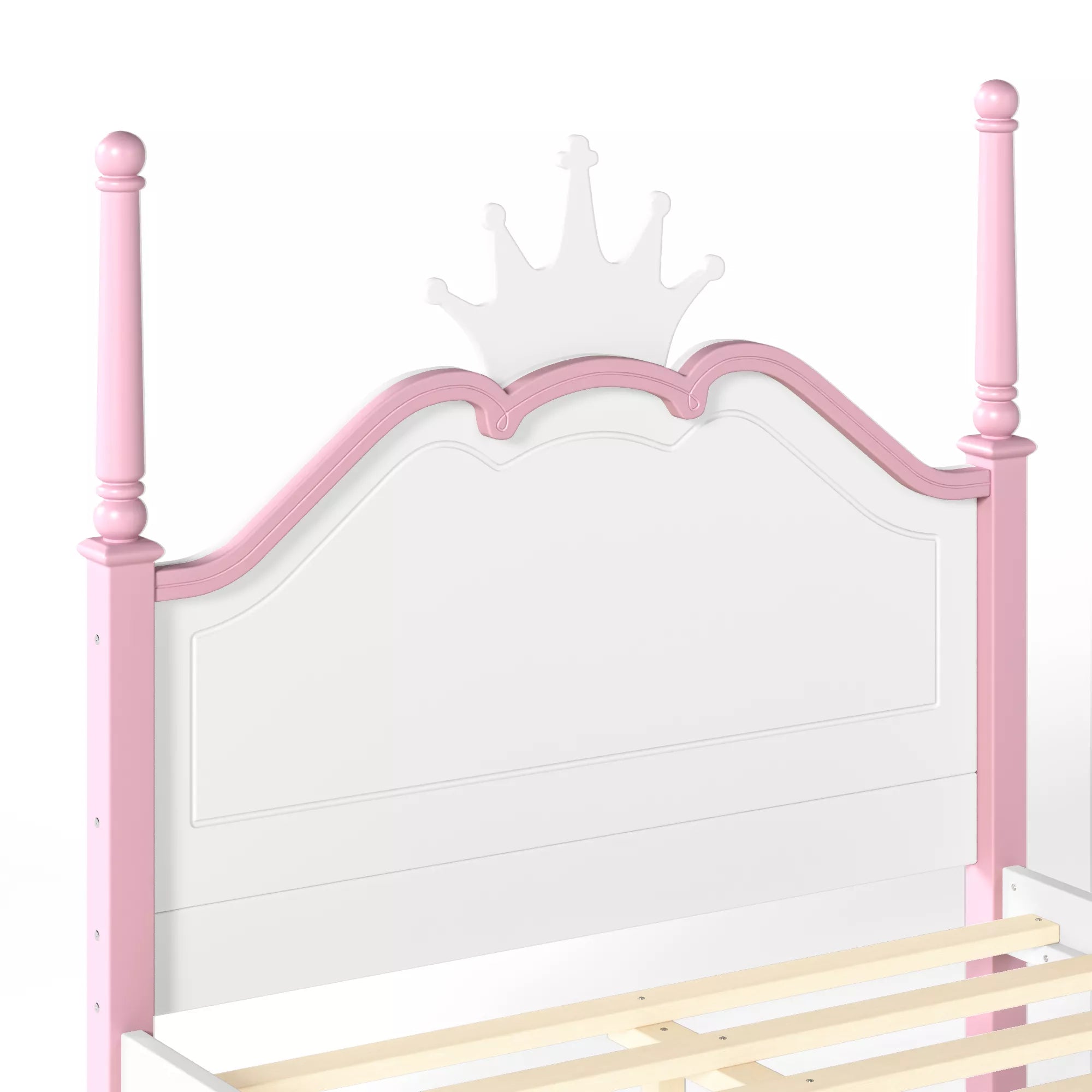 Crown shaped headboard detail on full size platform bed