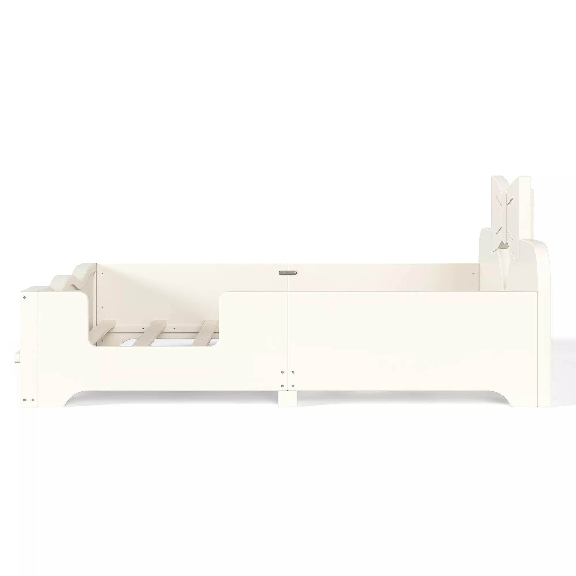 Long side profile of white wooden kids bed frame with full surrounding safety guardrails