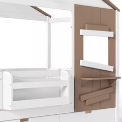 Bellemave® Wooden Farmhouse House Bed with Storage Drawers, Window Shelf & Side Hooks, Kids Playhouse Floor Bed