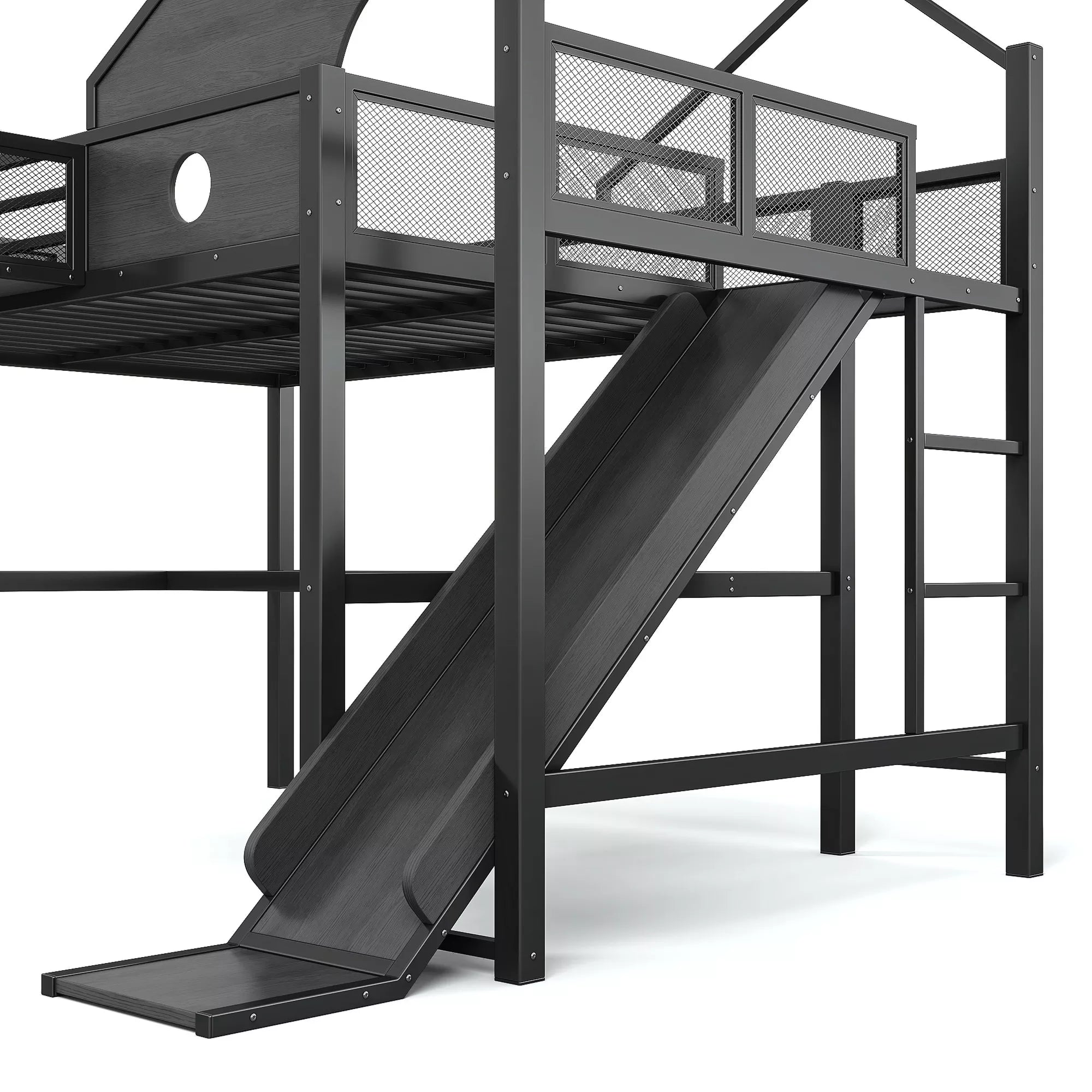 Black loft bed with slide and elevated platform