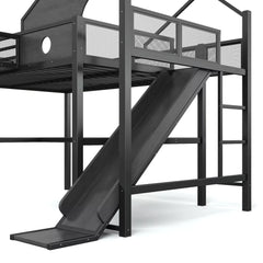 Black loft bed with slide and elevated platform