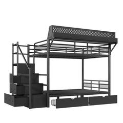 Angled view of metal bunk bed with built-in staircase cabinets and upper bunk guardrails