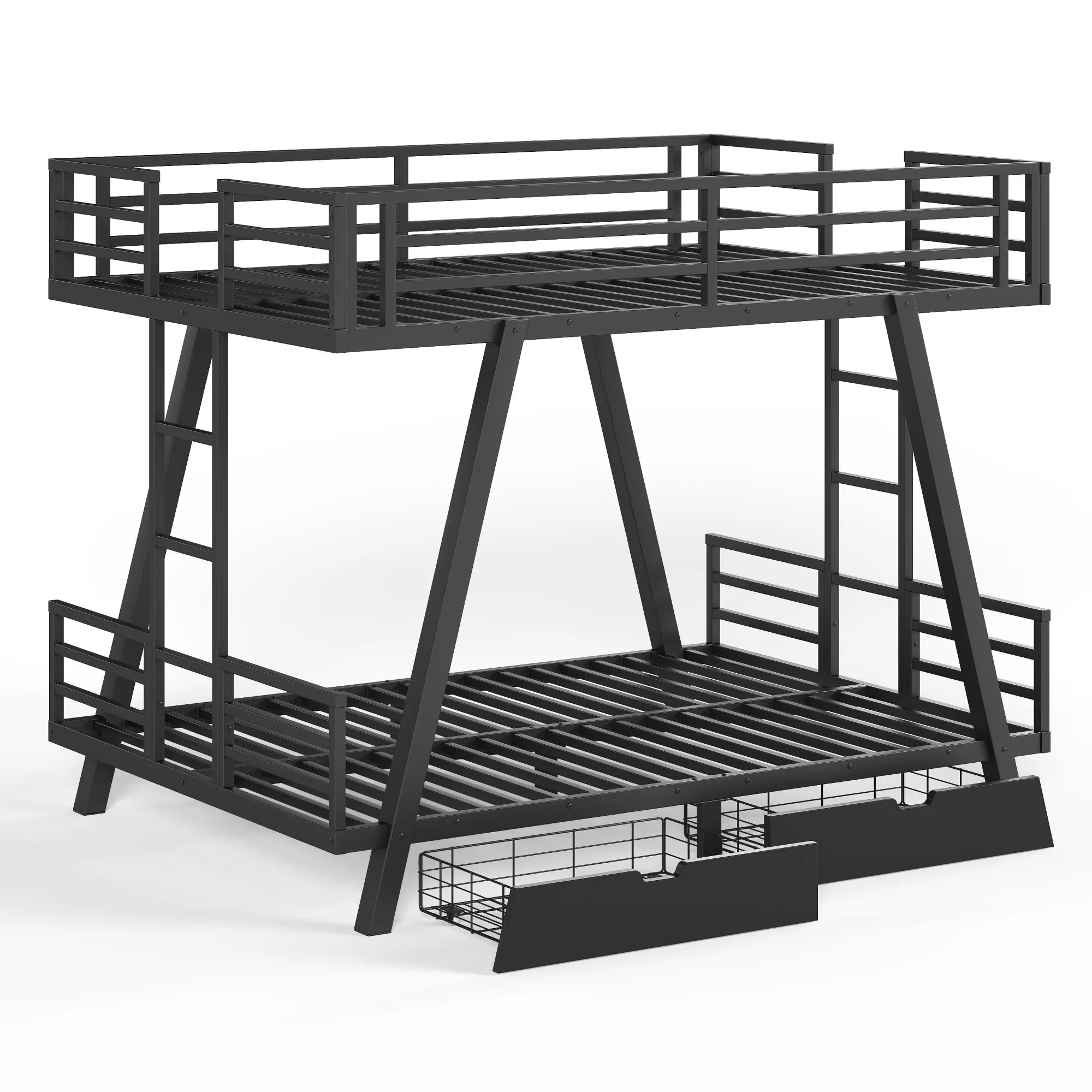 Black metal bunk bed with slatted frames, guardrails, and underbed drawers
