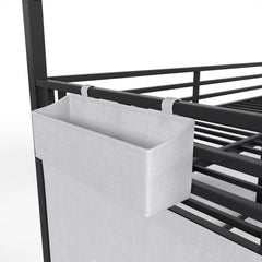 Storage bag attached to guardrail of kids loft bed