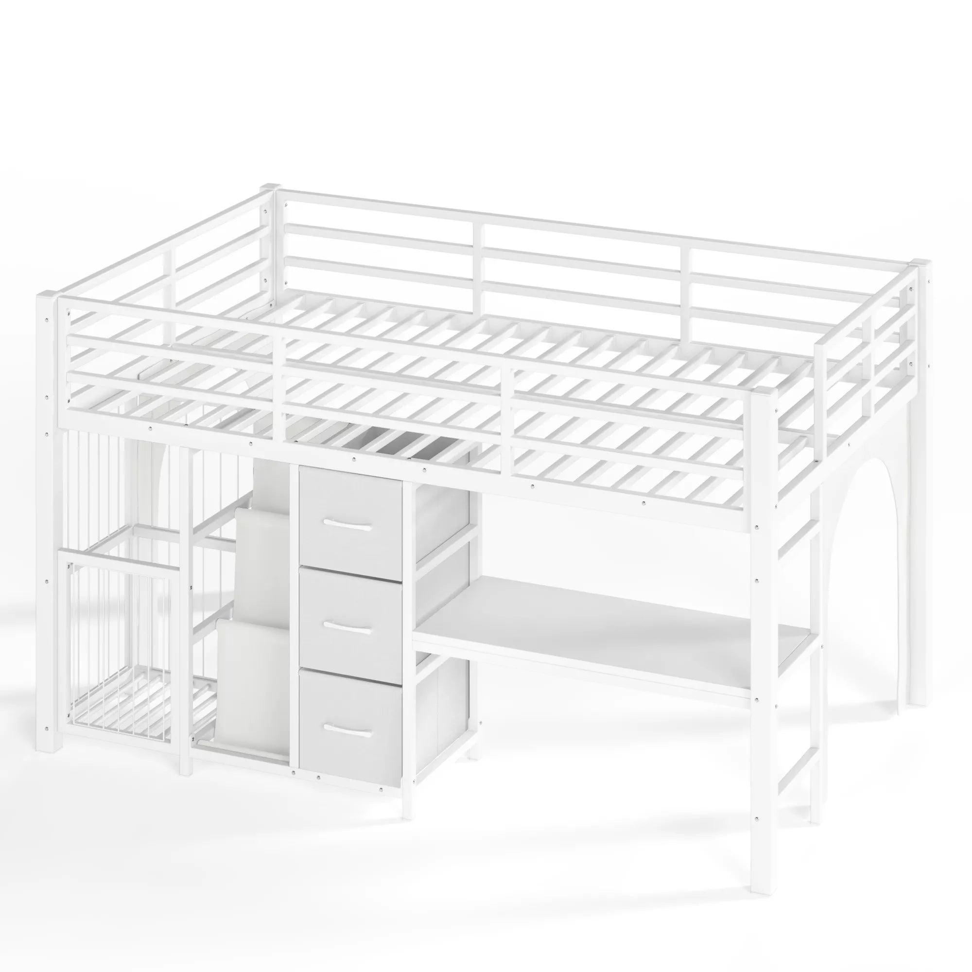 twin metal loft bed frame with storage drawers and bookshelf