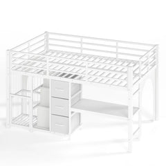 twin metal loft bed frame with storage drawers and bookshelf