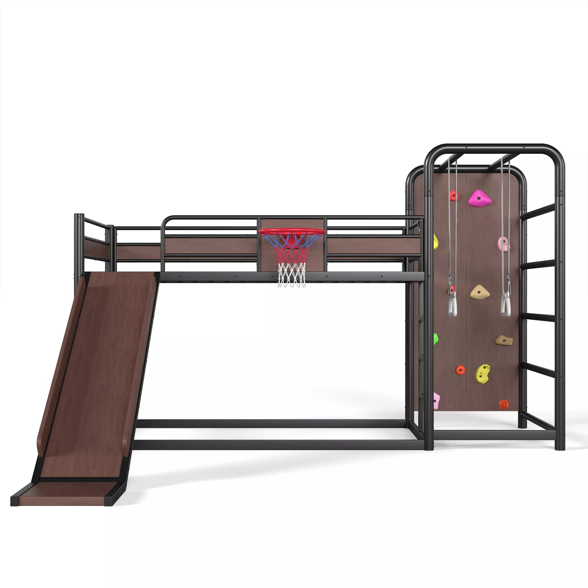 Children metal loft bed featuring basketball hoop, slide and climbing wall activities