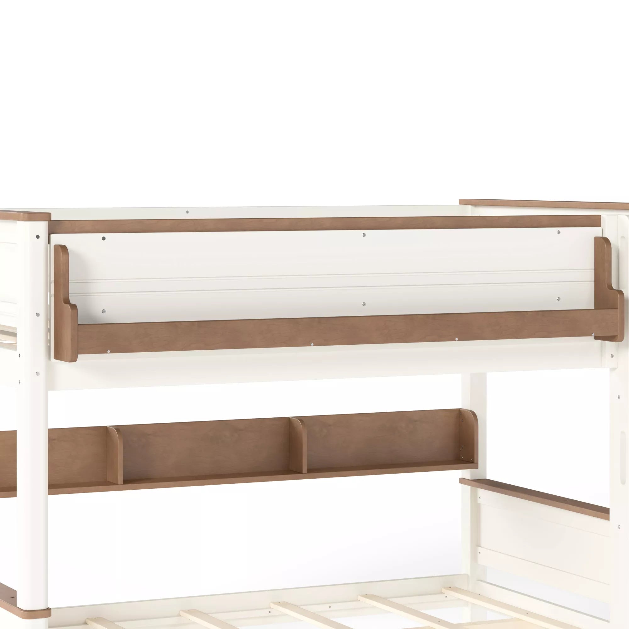 Built-in storage shelf detail on wood bunk bed